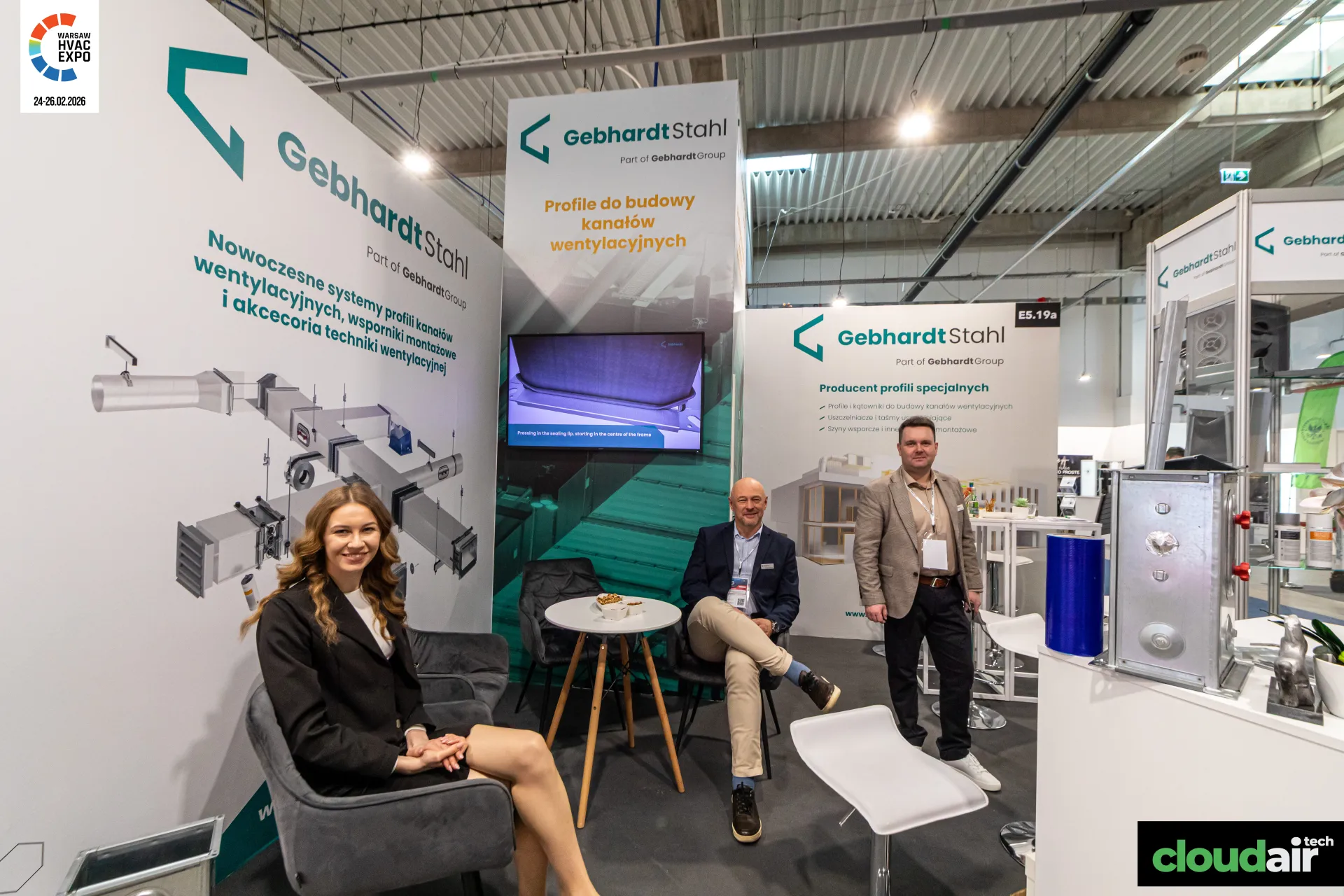 Gebhardt Stahl seating area with exploded duct system graphic at Warsaw HVAC Expo 2026