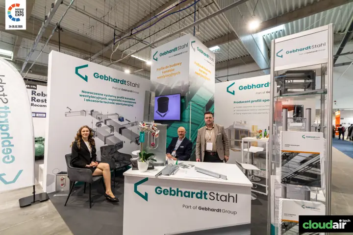 Gebhardt Stahl stand with duct profile samples on the counter at Warsaw HVAC Expo 2026