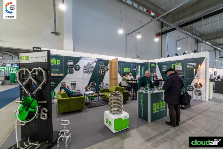 Gebo stand with heart-shaped pipe display and lounge sofas at Warsaw HVAC Expo 2026