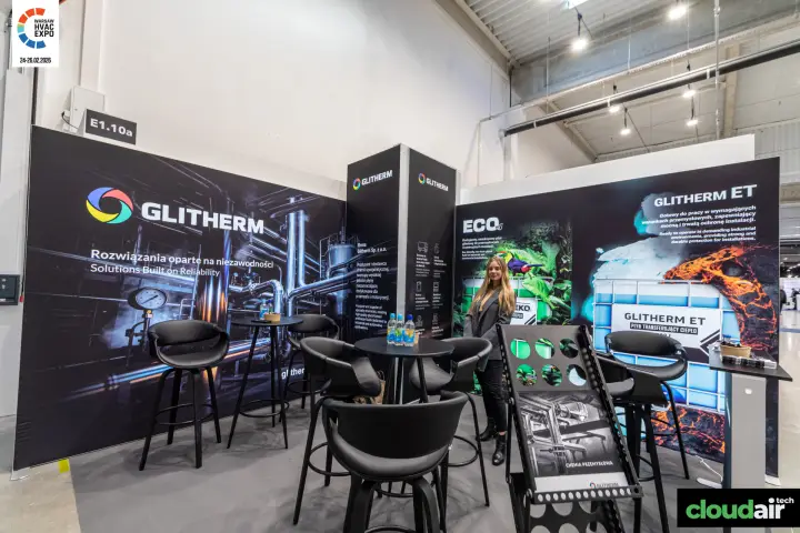 Glitherm stand with heat transfer fluid graphics and bar seating