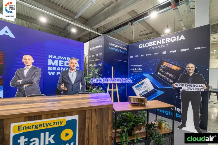 Globenergia Connect media stand with talk show desk and neon sign at Warsaw HVAC Expo 2026