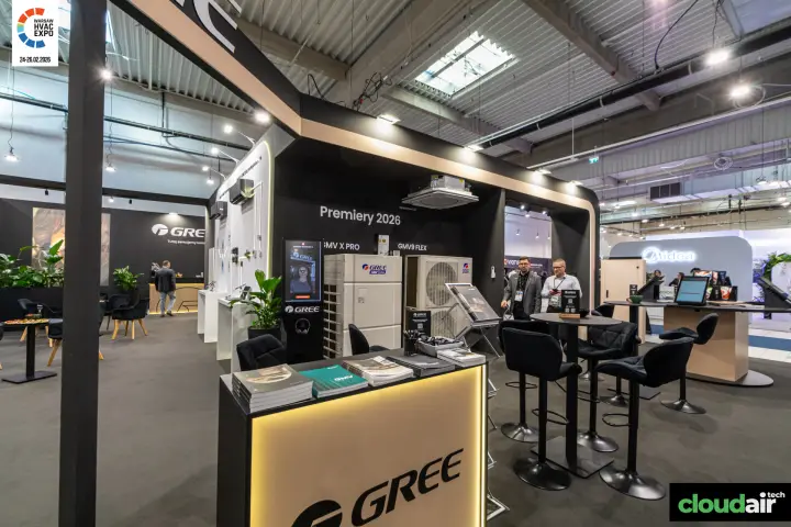 Gree Premiery 2026 corner with GMV X Pro and GMV9 Flex outdoor units at Warsaw HVAC Expo 2026