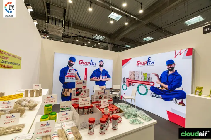 GripFix stand with pipe sealing cord, thread compounds and hemp at Warsaw HVAC Expo 2026