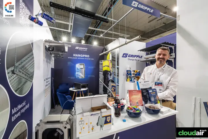 Gripple stand with HangPro suspension system and B-Lock literature at Warsaw HVAC Expo 2026