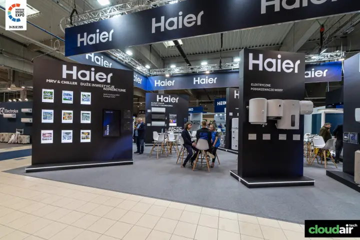 Haier stand with MRV and chiller wall and electric water heaters at Warsaw HVAC Expo 2026
