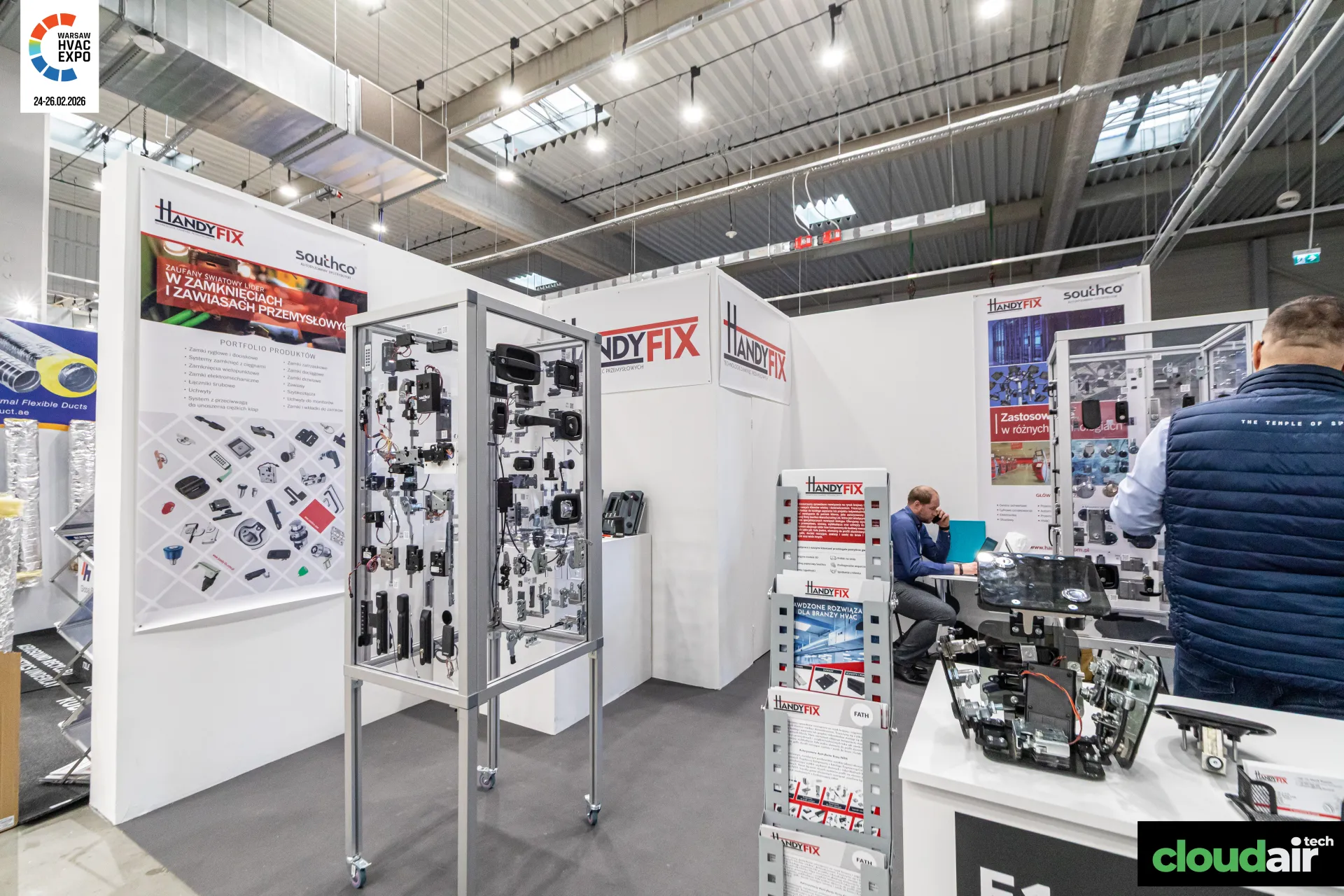 HandyFix stand with Southco industrial latches in a glass cabinet at Warsaw HVAC Expo 2026