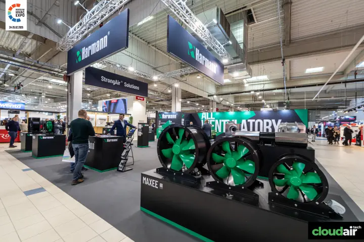 Harmann MAXEE axial fans with green impellers on black plinth at Warsaw HVAC Expo 2026