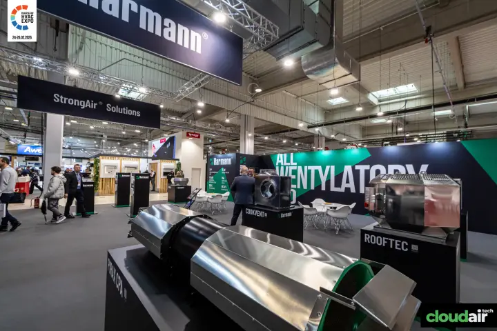 Harmann PIRAX CPA, COOKVENT and ROOFTEC fans under StrongAir Solutions banners at Warsaw HVAC Expo 2026