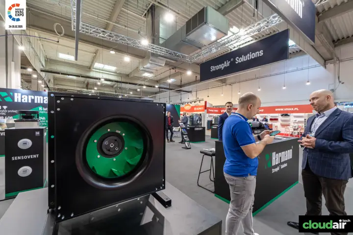 Harmann plug fan with green impeller in front of the StrongAir counter at Warsaw HVAC Expo 2026