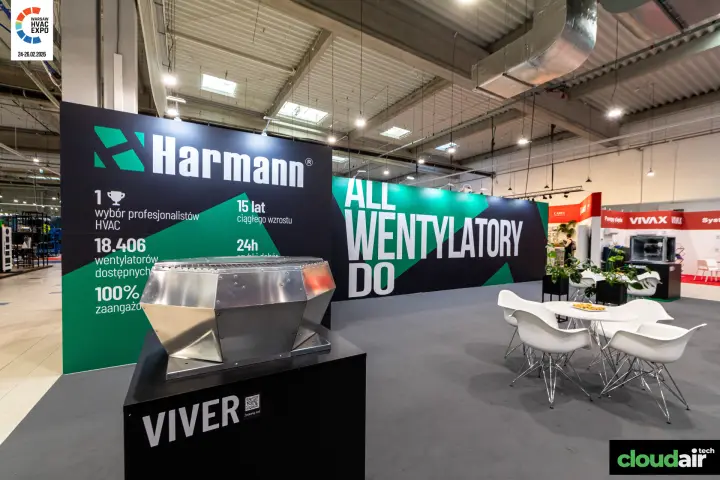 Harmann VIVER roof fan on a plinth in front of the ALL WENTYLATORY DO wall at Warsaw HVAC Expo 2026