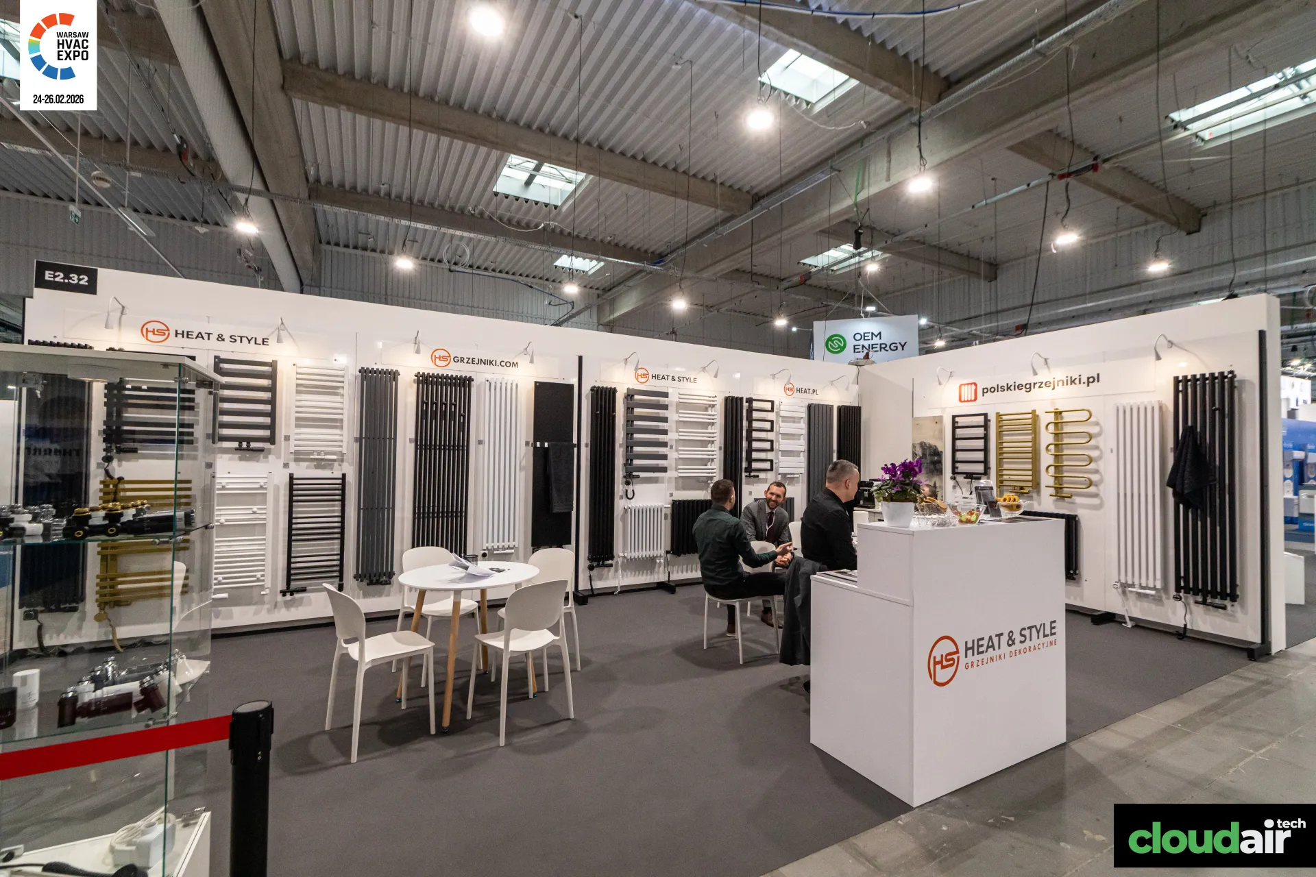 Heat & Style stand E2.32 with black, white and gold decorative radiators at Warsaw HVAC Expo 2026