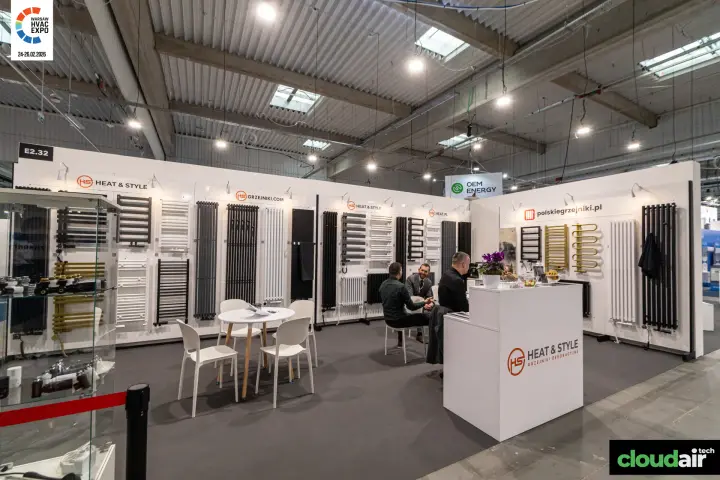 Heat & Style stand E2.32 with black, white and gold decorative radiators at Warsaw HVAC Expo 2026
