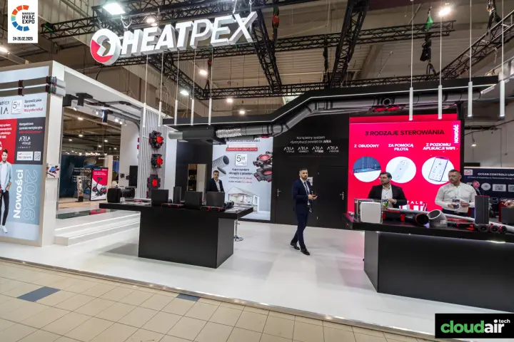 Heatpex stand front with illuminated logo and controls LED wall at Warsaw HVAC Expo 2026