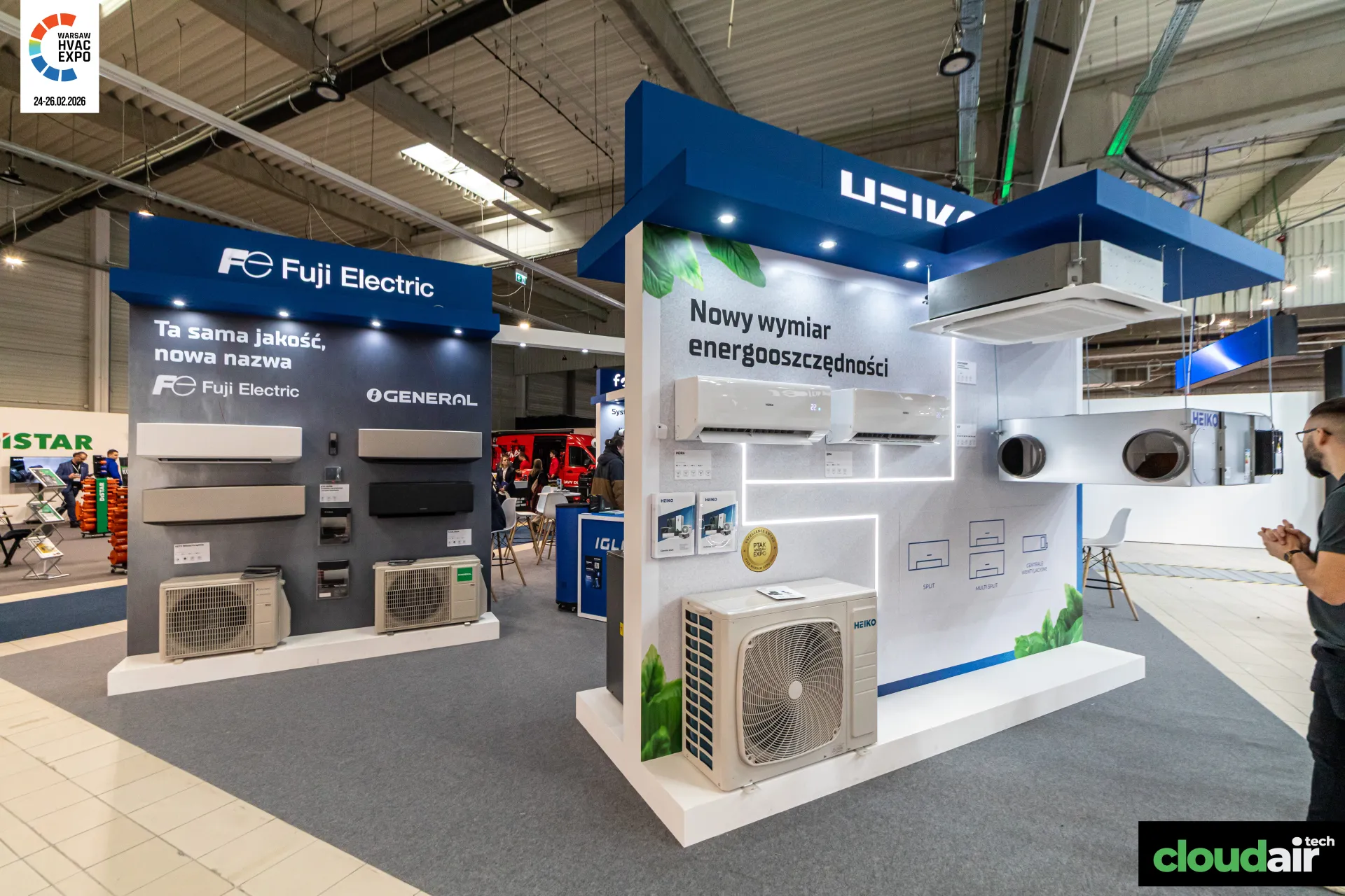 Heiko split units and ceiling cassette beside the Fuji Electric wall at Warsaw HVAC Expo 2026