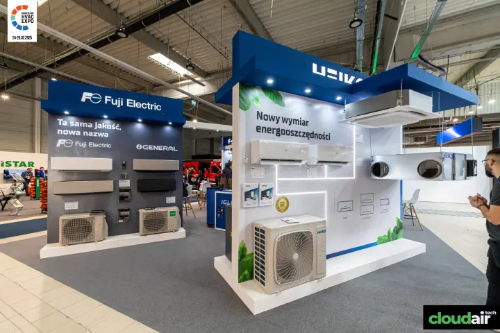 Heiko split units and ceiling cassette beside the Fuji Electric wall at Warsaw HVAC Expo 2026