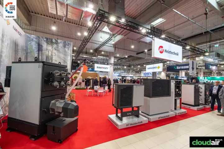 Heiztechnik stand with pellet boiler and heat pumps on red carpet at Warsaw HVAC Expo 2026