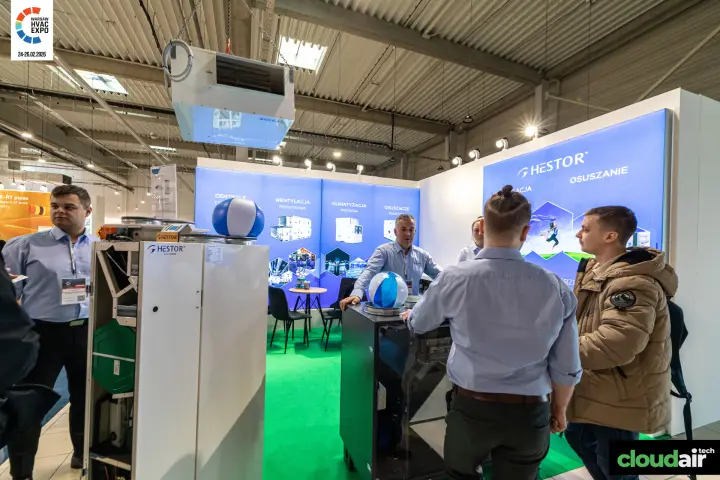 Hestor stand with an opened ventilation unit and backlit blue product walls at Warsaw HVAC Expo 2026