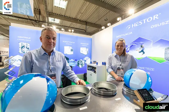 Hestor ventilation unit with duct spigots and a room controller at the counter at Warsaw HVAC Expo 2026