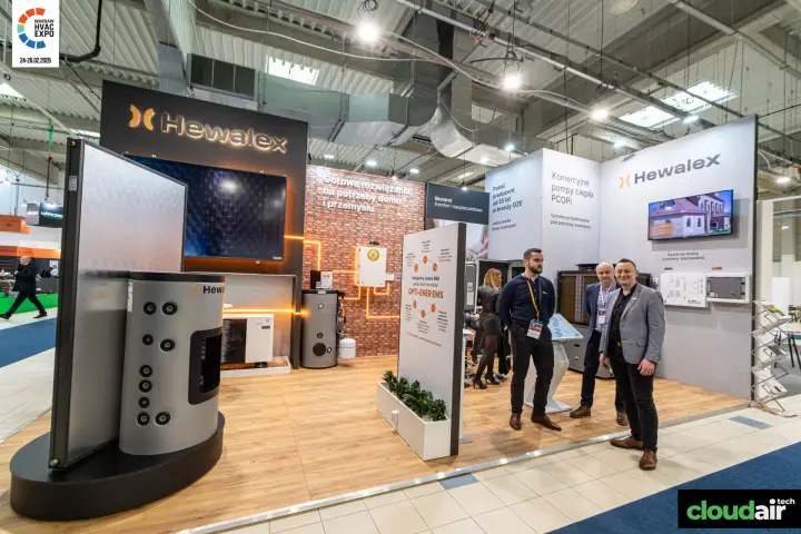 Hewalex stand with solar collector, storage tank and heat pumps at Warsaw HVAC Expo 2026