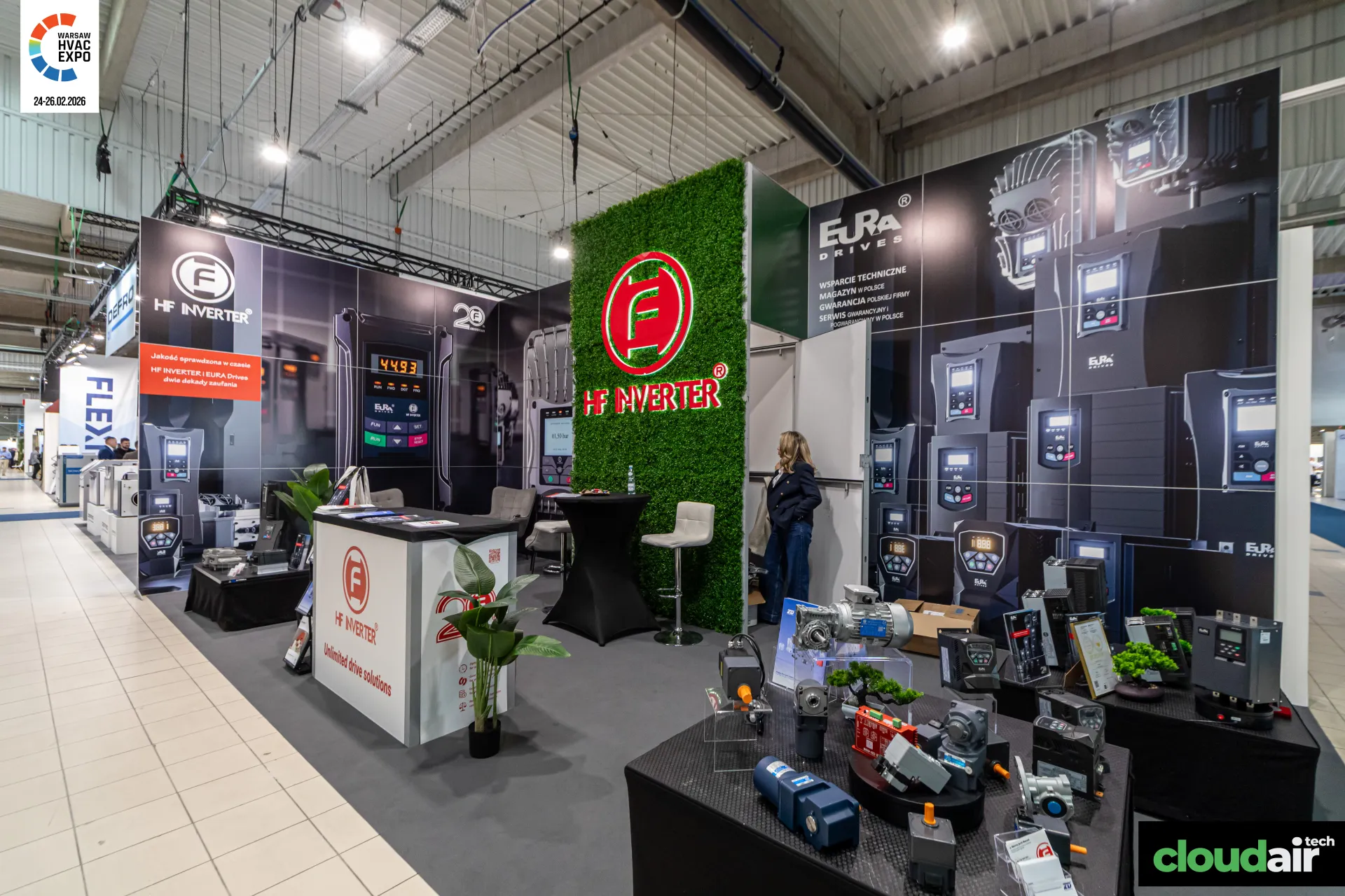 HF Inverter and Eura Drives stand with a green wall and drive displays at Warsaw HVAC Expo 2026
