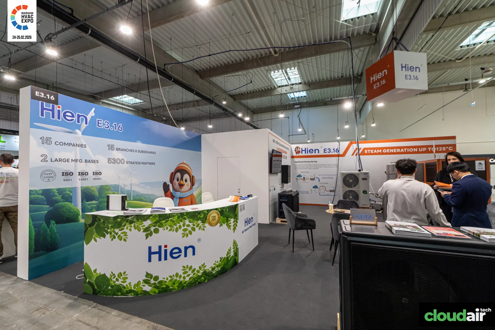 Hien stand with penguin mascot and high-temperature heat pump wall at Warsaw HVAC Expo 2026