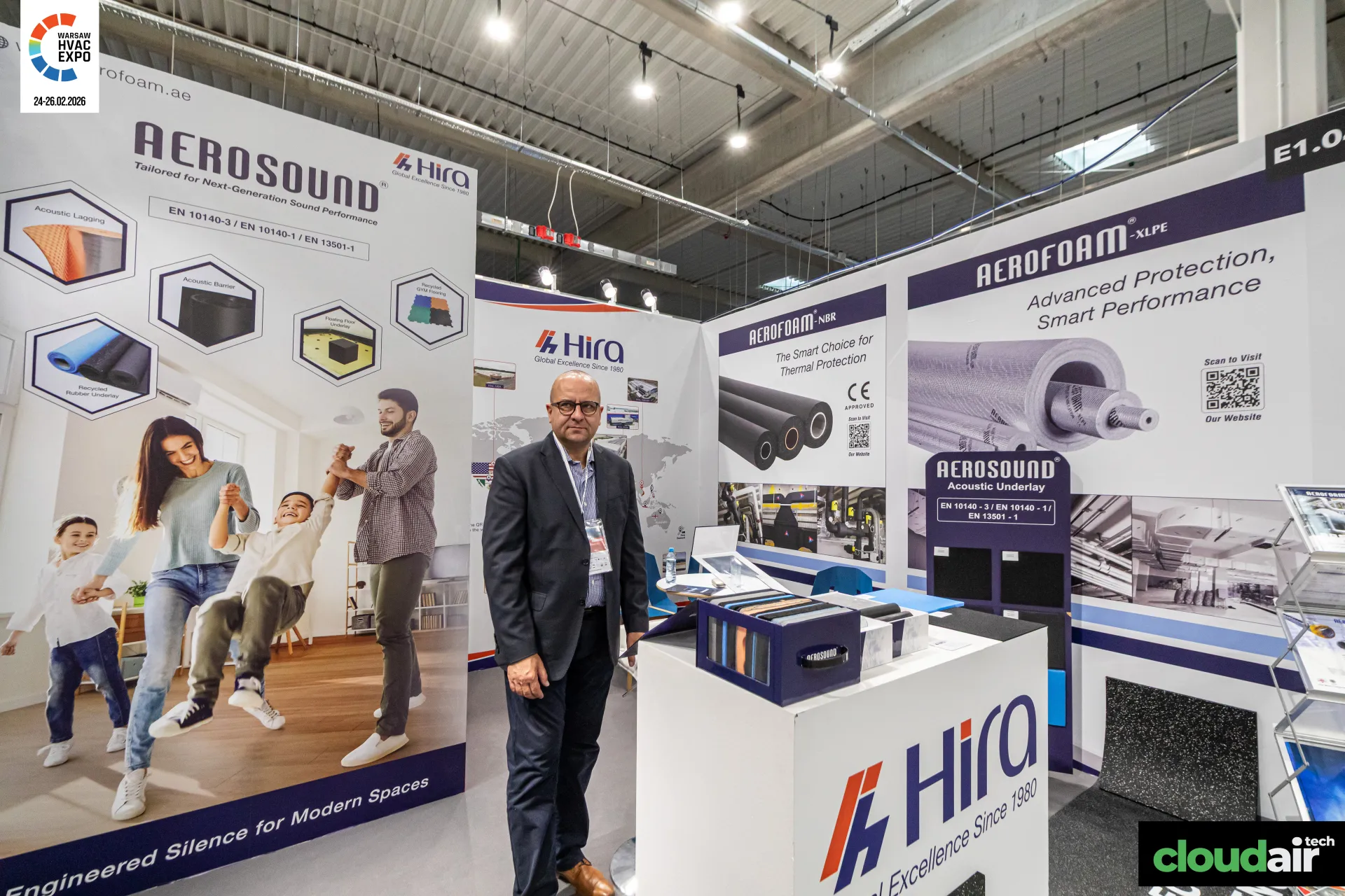 Hira counter with Aerosound samples and Aerofoam wall graphics at Warsaw HVAC Expo 2026