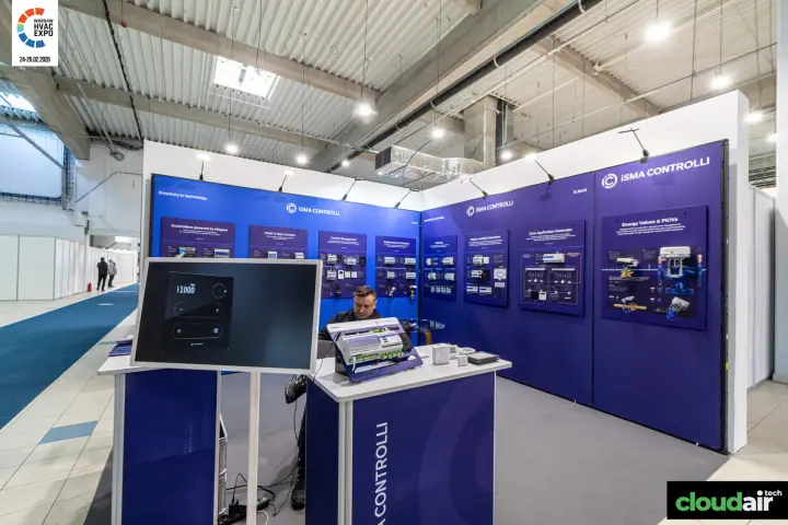 iSMA Controlli stand with controller display boards and a demo counter at Warsaw HVAC Expo 2026