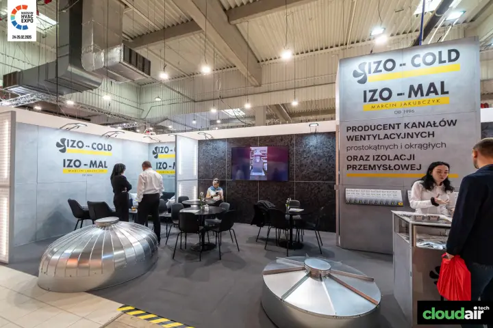 Izo-Cold and Izo-Mal stand with roof cowls and meeting tables at Warsaw HVAC Expo 2026