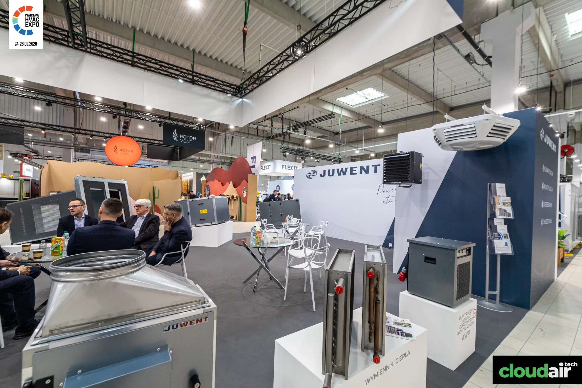 Juwent heat exchangers and AWP electric heater-fan on display plinths at Warsaw HVAC Expo 2026