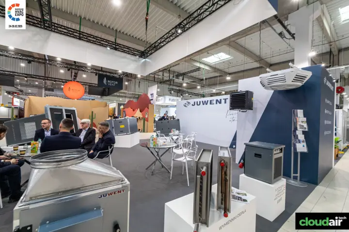 Juwent heat exchangers and AWP electric heater-fan on display plinths at Warsaw HVAC Expo 2026