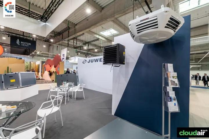Juwent Uvers DX unit heater and ceiling-mounted heater on the stand wall at Warsaw HVAC Expo 2026