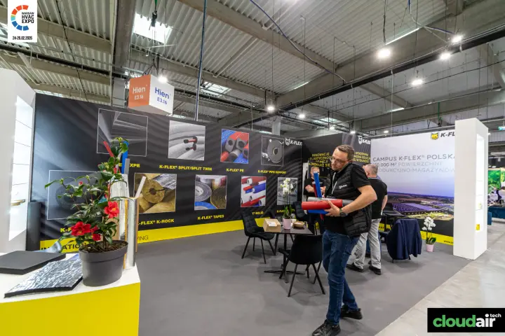 K-Flex stand with coloured insulation tubes and seating area at Warsaw HVAC Expo 2026