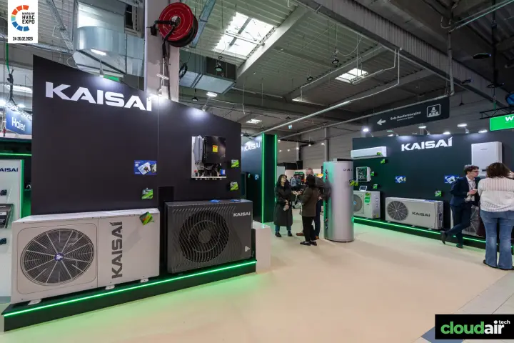 Kaisai heat pump outdoor units on a green-lit black plinth