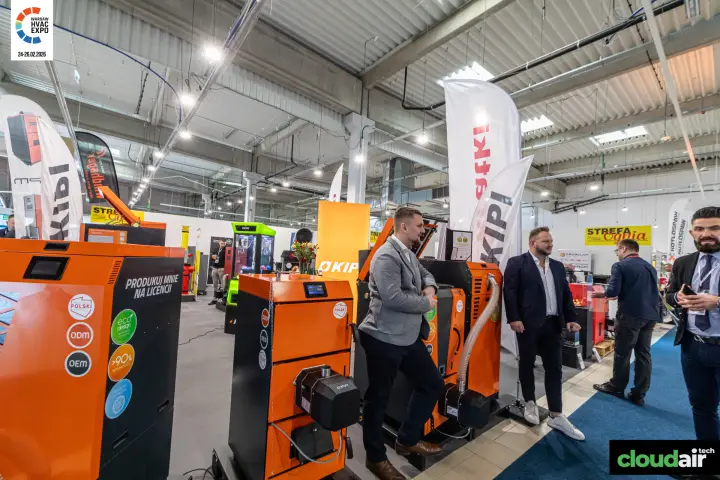 Kipi stand with orange pellet boilers offered for licensed production at Warsaw HVAC Expo 2026