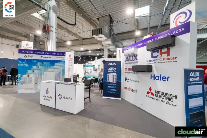 Klima-T and One World Solution stand with AUX and partner brand logos at Warsaw HVAC Expo 2026