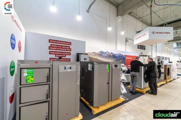 Kołton stand with central heating boilers and heat pumps on pallets