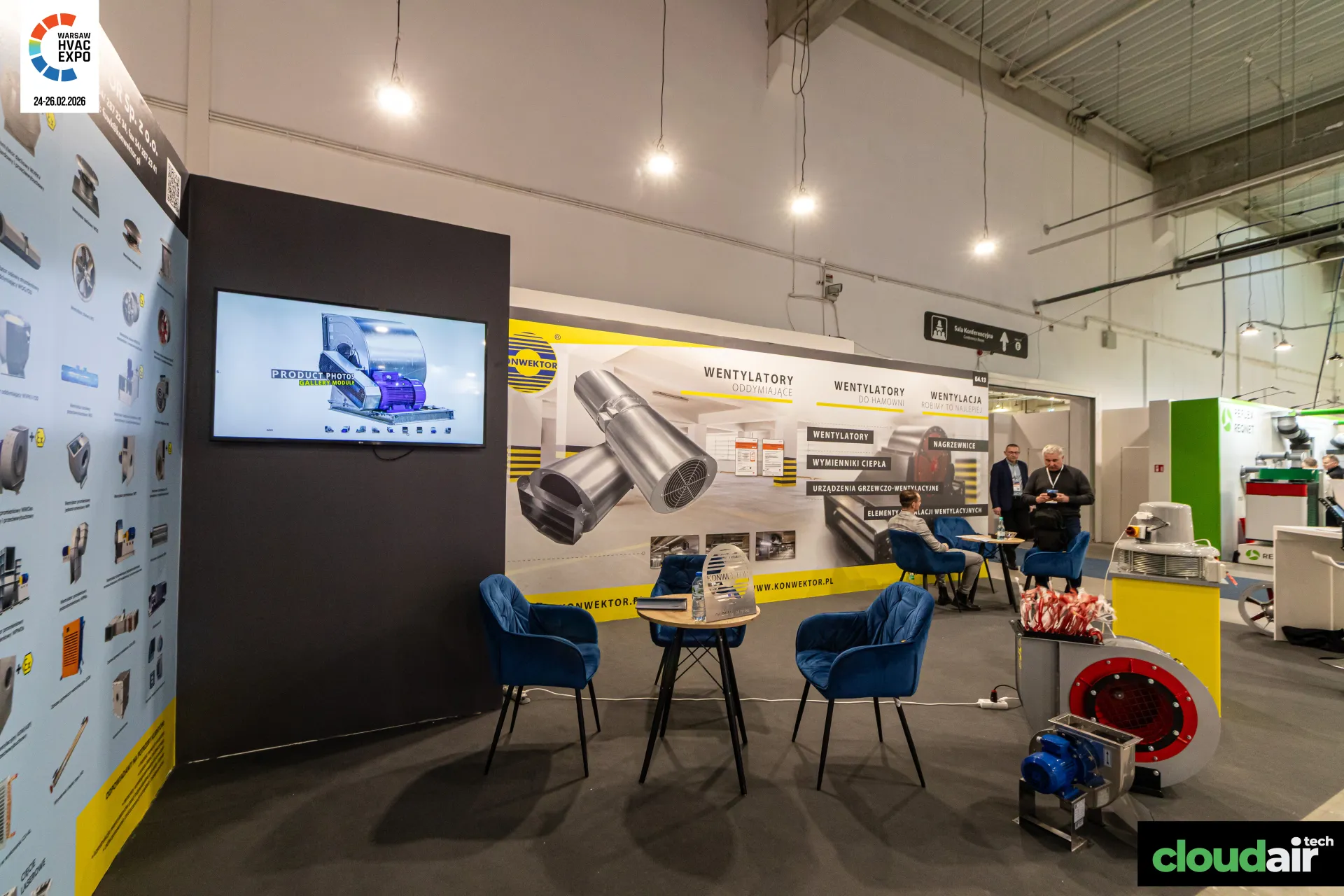 Konwektor seating area and product gallery screen at Warsaw HVAC Expo 2026