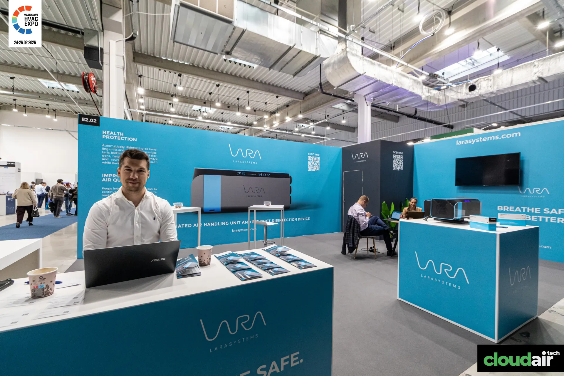 Lara Systems stand with disinfection device graphics and front desk at Warsaw HVAC Expo 2026
