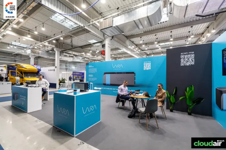 Lara Systems stand with display unit, slogan counter and meeting table at Warsaw HVAC Expo 2026