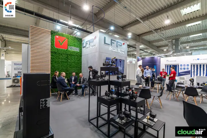 LFP circulator pumps on stepped black stands beside the seating area at Warsaw HVAC Expo 2026