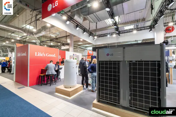 LG stand with a large commercial outdoor unit and a hot water cylinder at Warsaw HVAC Expo 2026
