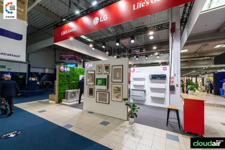 LG stand with red 'Life's Good.' header, green wall and gallery wall at Warsaw HVAC Expo 2026