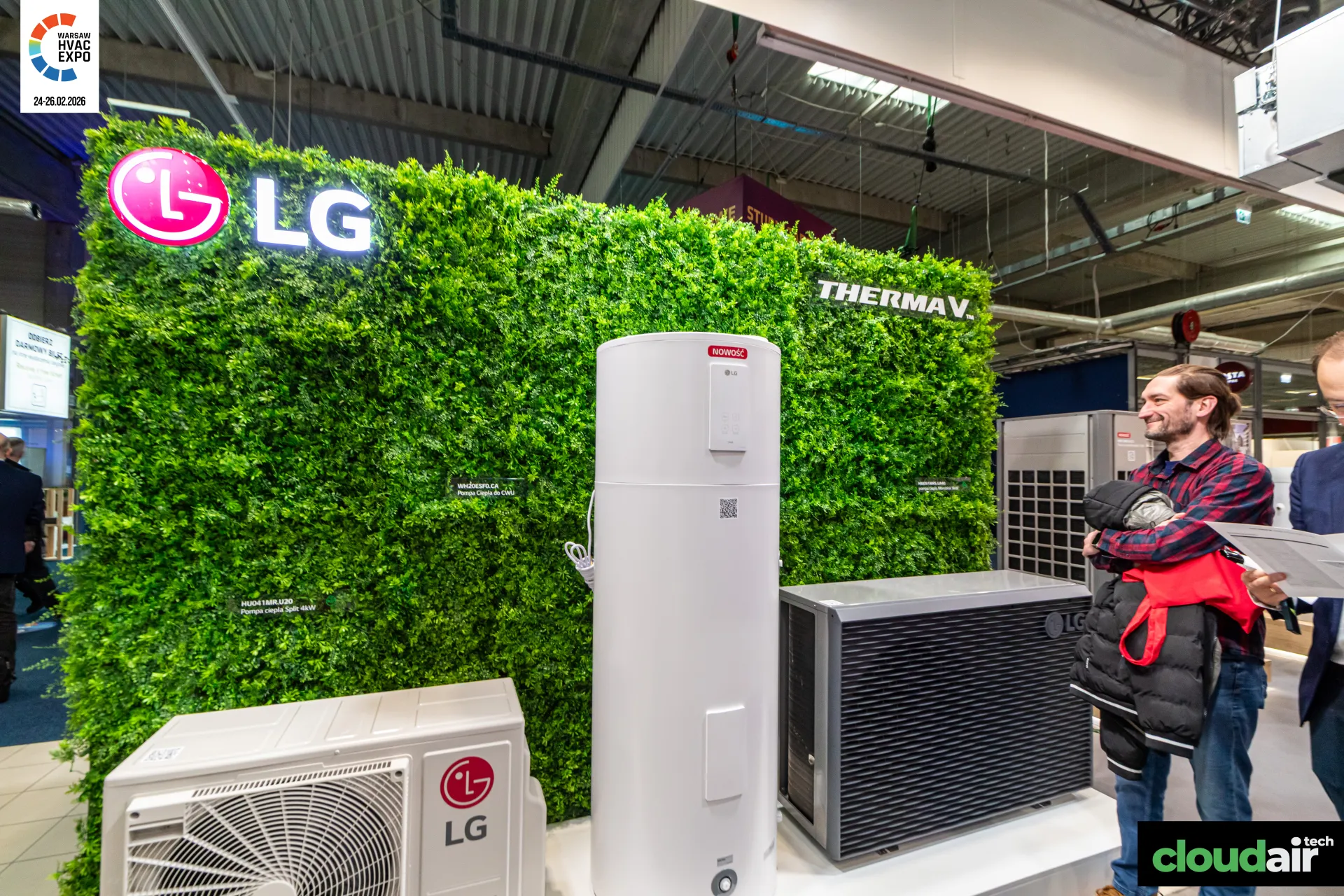 LG Therma V heat pumps and hot water heat pump against a green wall at Warsaw HVAC Expo 2026