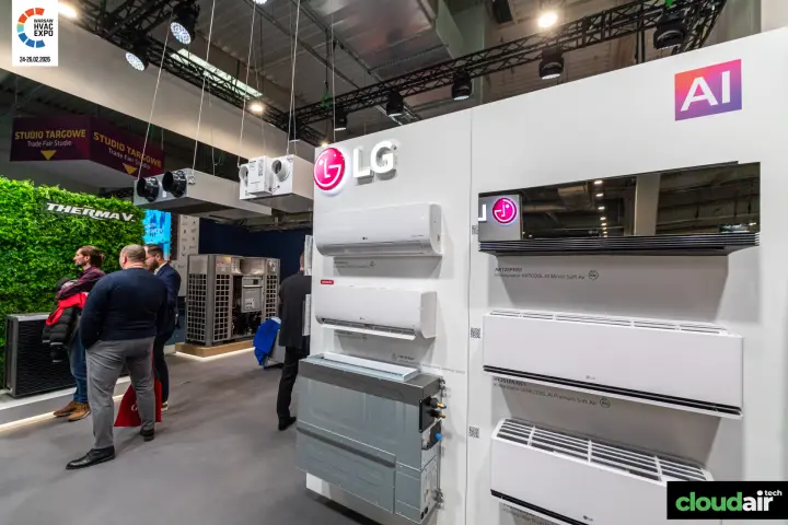 LG wall of DUALCOOL and ARTCOOL AI air conditioners and a ducted unit at Warsaw HVAC Expo 2026