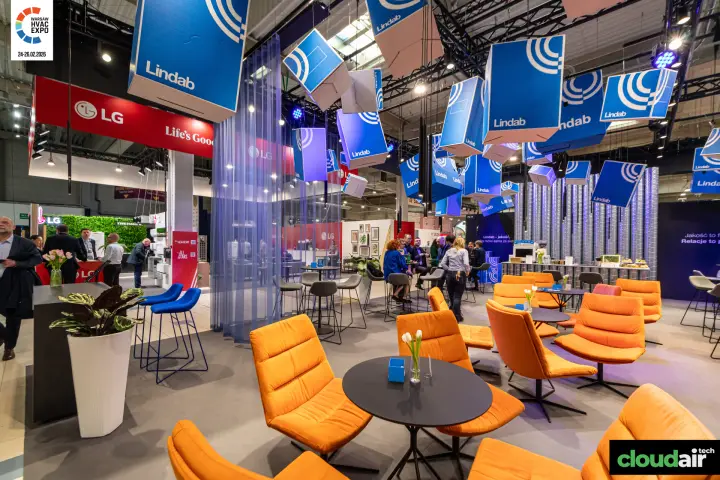 Lindab hospitality area with bar and spiral duct backdrop