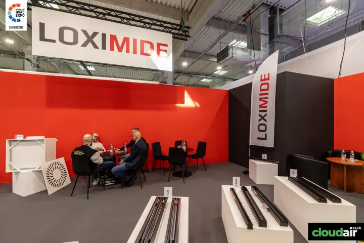 Loximide linear diffusers and meeting area under hanging sign at Warsaw HVAC Expo 2026
