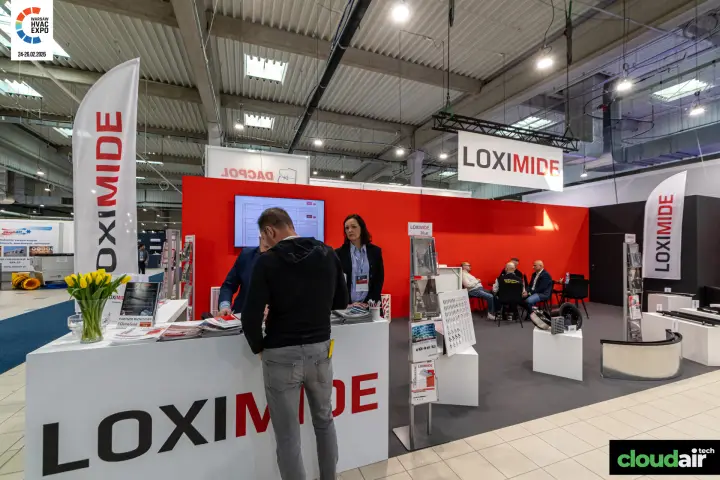 Loximide stand with red wall, flags and hanging sign at Warsaw HVAC Expo 2026