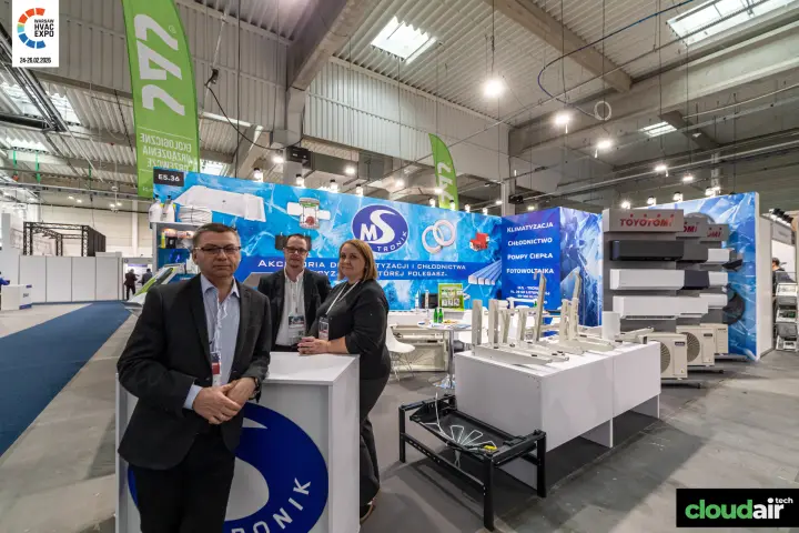 M.S. Tronik stand E5.36 with AC brackets and Toyotomi split air conditioners at Warsaw HVAC Expo 2026
