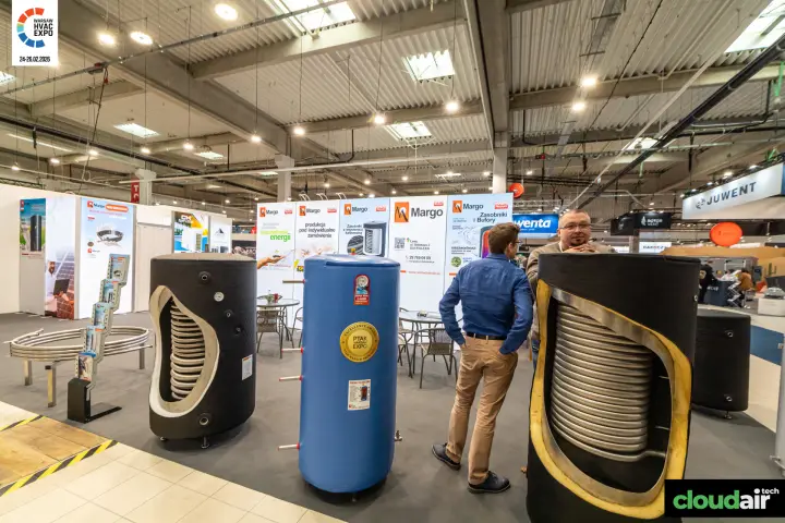 Margo cutaway hot water cylinders with coiled heat exchangers on display at Warsaw HVAC Expo 2026