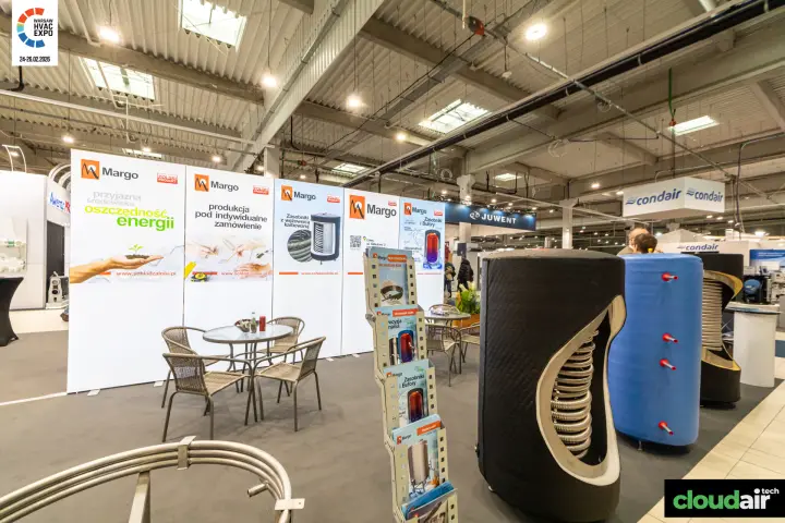 Margo stand graphics on tanks and buffers, with a cutaway coil cylinder at Warsaw HVAC Expo 2026